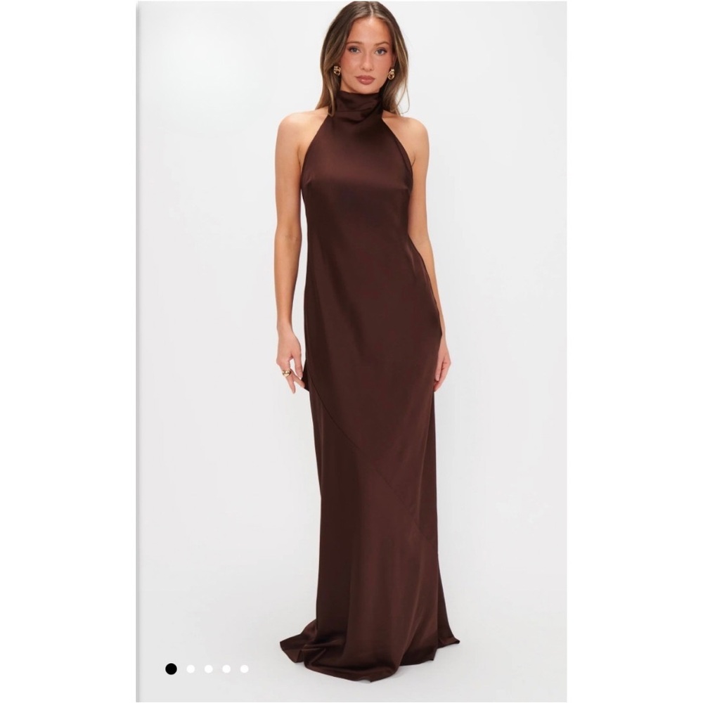 Show Me Your MuMu Lisa Maxi Dress 🤎High Neck in Chocolate Luxe Satin Brown XXL